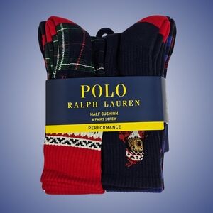 Polo Ralph Lauren Crew Socks Cotton Blend 6 Pairs Cushioned Soles Polo Bear Gift